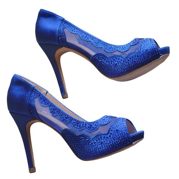 Blue Satin Open Toe Beaded Stiletto High Heel Pump Shoes 7 - Picture 3 of 7